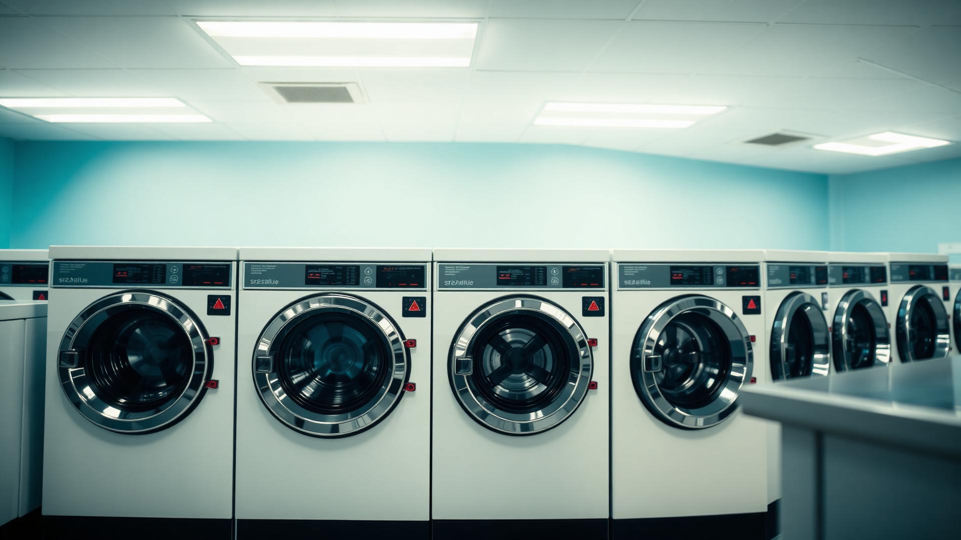 Row of professional washing machines at Swift Wash & Fold